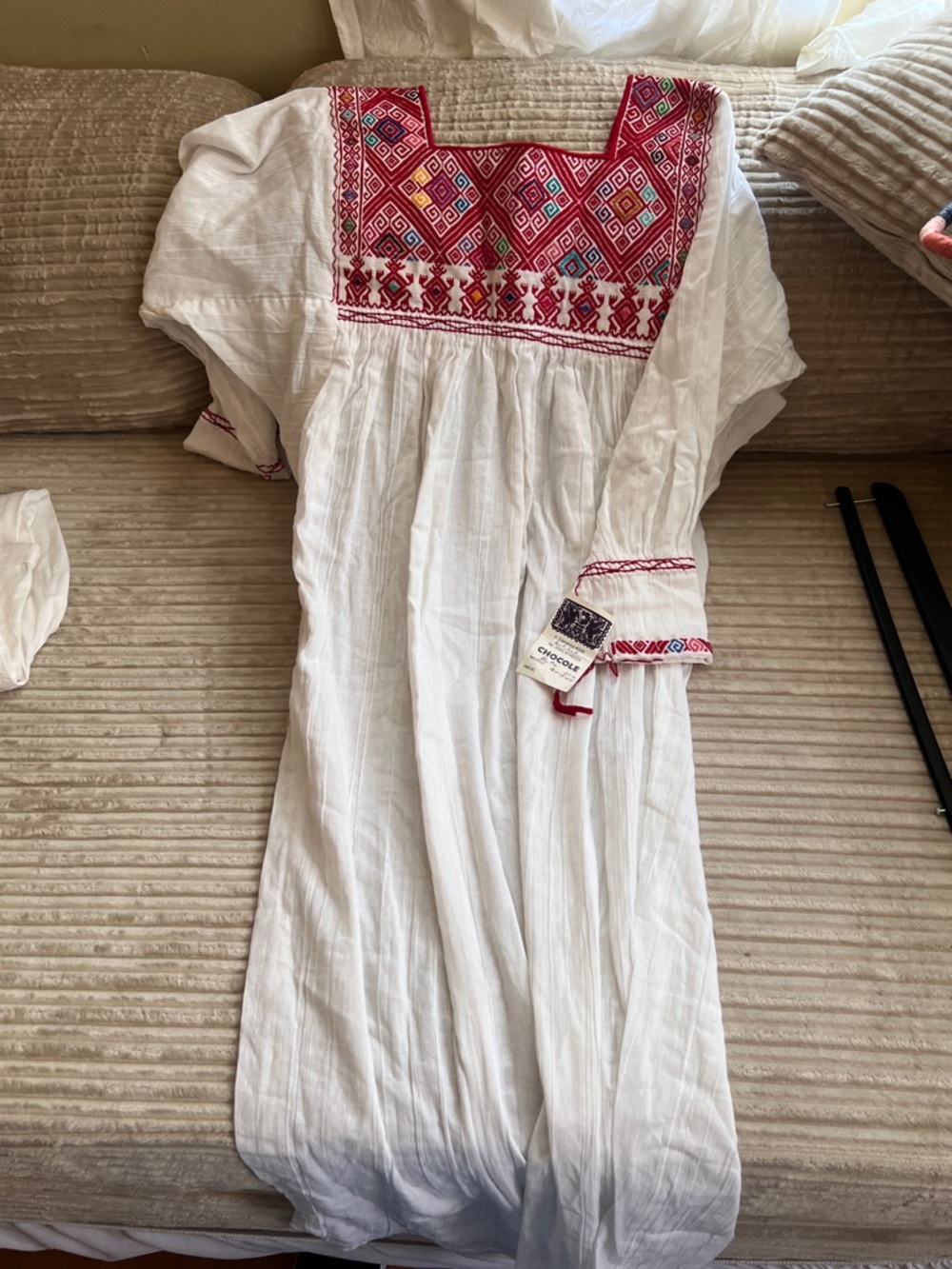 Embroidered White Long Sleeve Maxi Dress with Red Accent